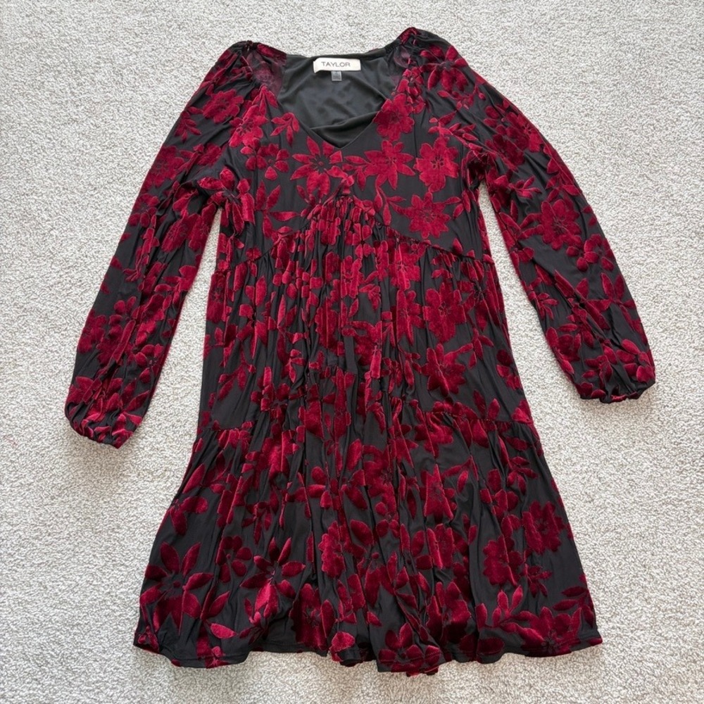 Taylor Velvet Burnout Babydoll Dress Womens 12 Burgundy Red Black Whimsigoth
